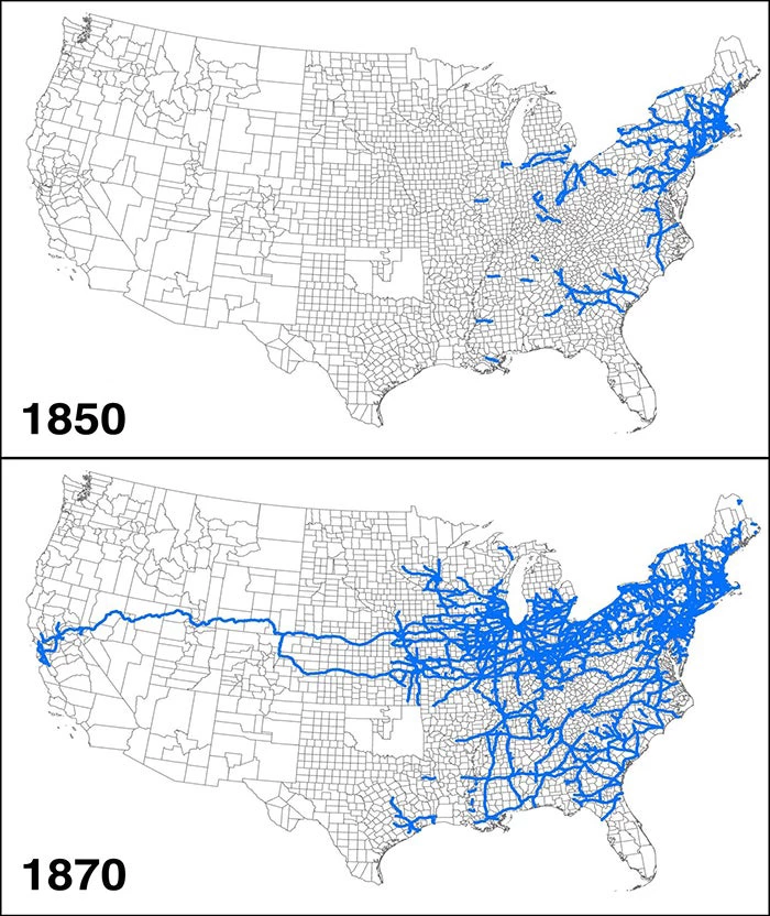 Two maps of the US showing Figure 1. The US Railroad Network in 1850 and 1870