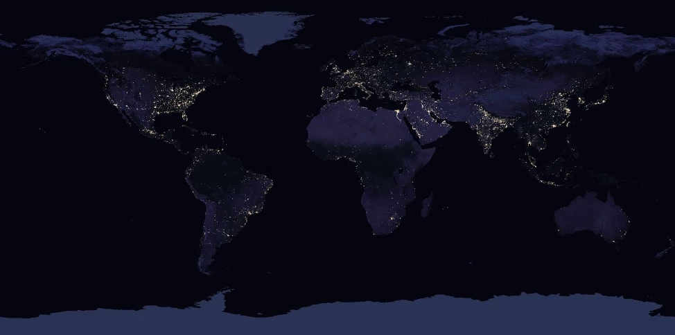 Figure 2. Global nighttime lights. Source: NASA Earth Observatory using Suomi NPP VIIRS data from Miguel Román et al., NASA GSFC.