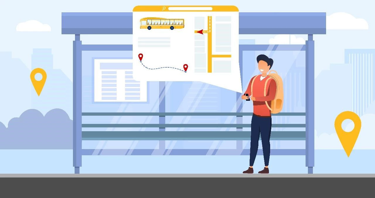  Bus tracking system with person waiting at the bus stop tracking the vehicle on an online transport app