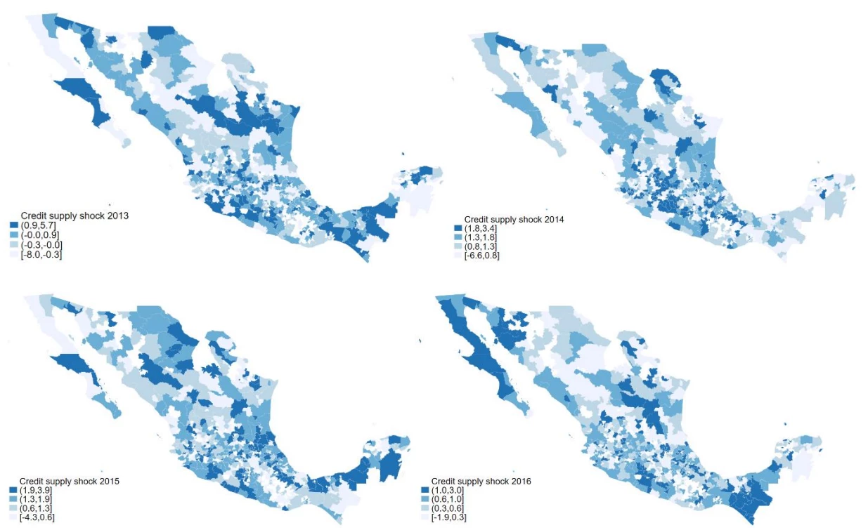 A set of four maps showing the geographic location of labor markets in the bloggers restricted sample