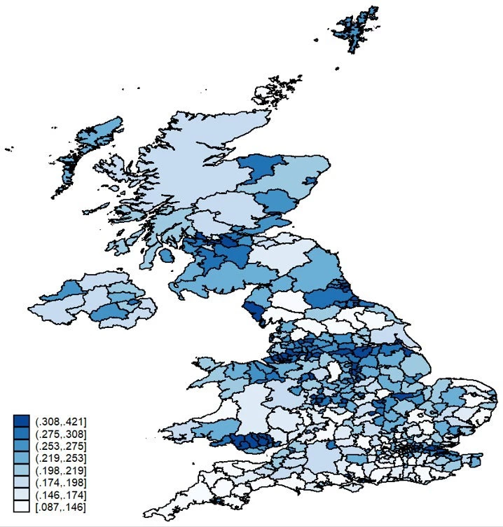Map of UK showing Figure 2: Geographical variation in exposure to Help-to-Buy