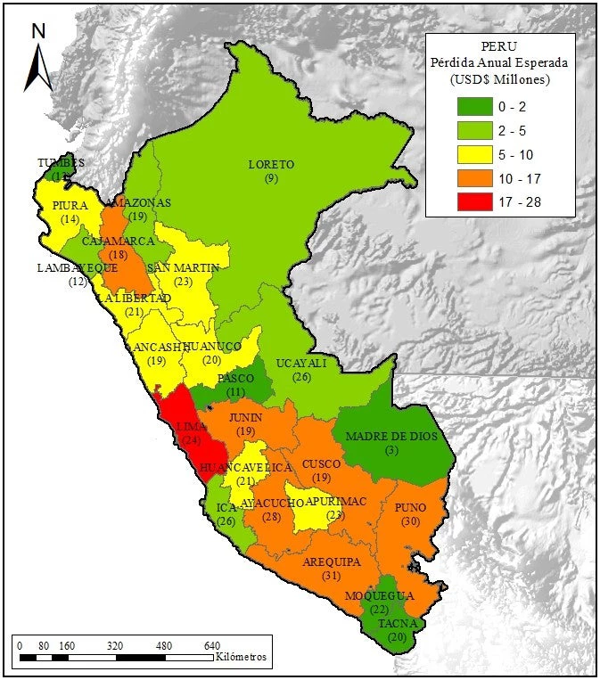 Figure 1. Seismic risk assessment of school infrastructure in Peru. Geographical distribution of Average Annual Loss 