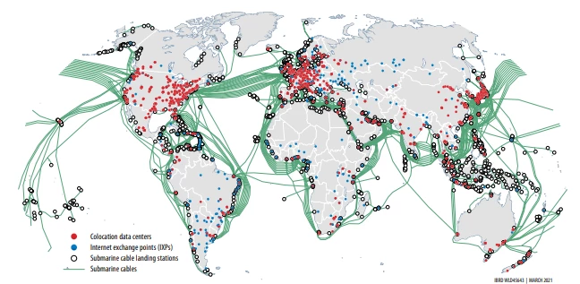 Figure 1: The global fiber-optic cable submarine network reaches all corners of the world, but data infrastructure is unevenly developed