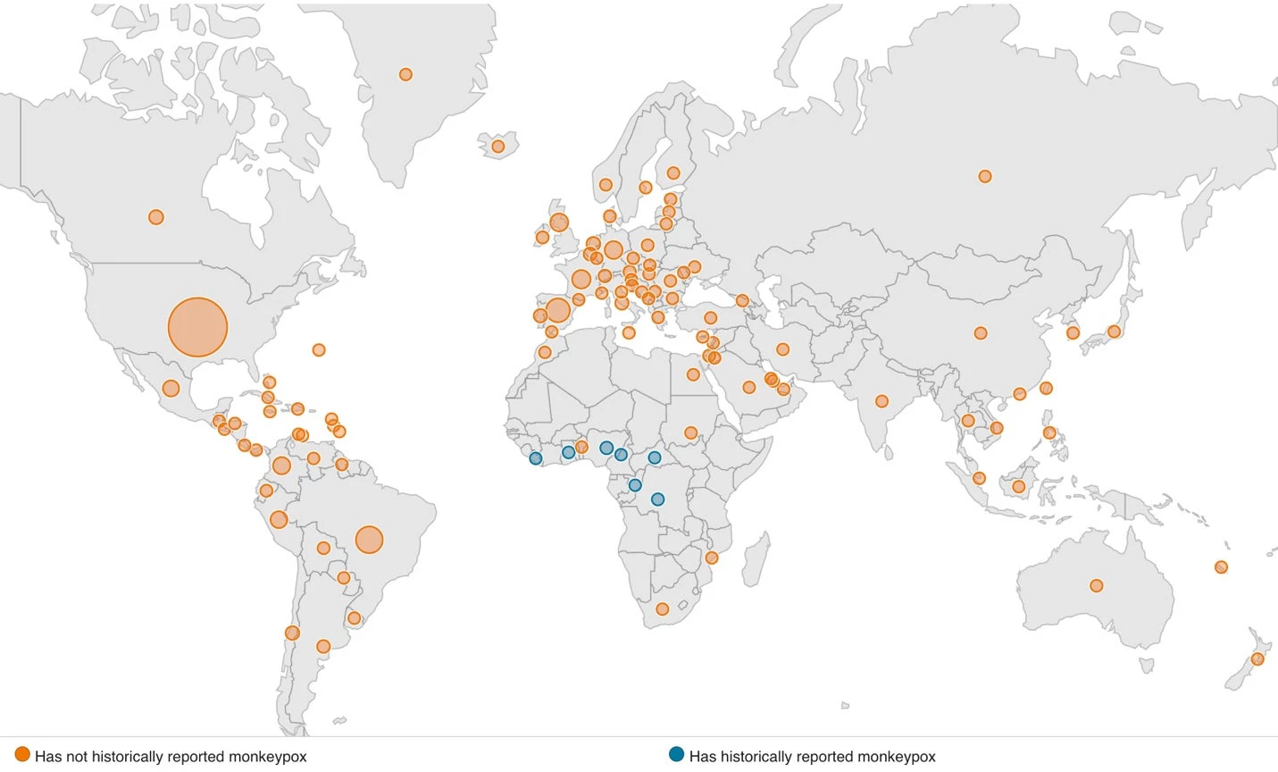 Figure 1: 2022 monkeypox outbreak global map by cases