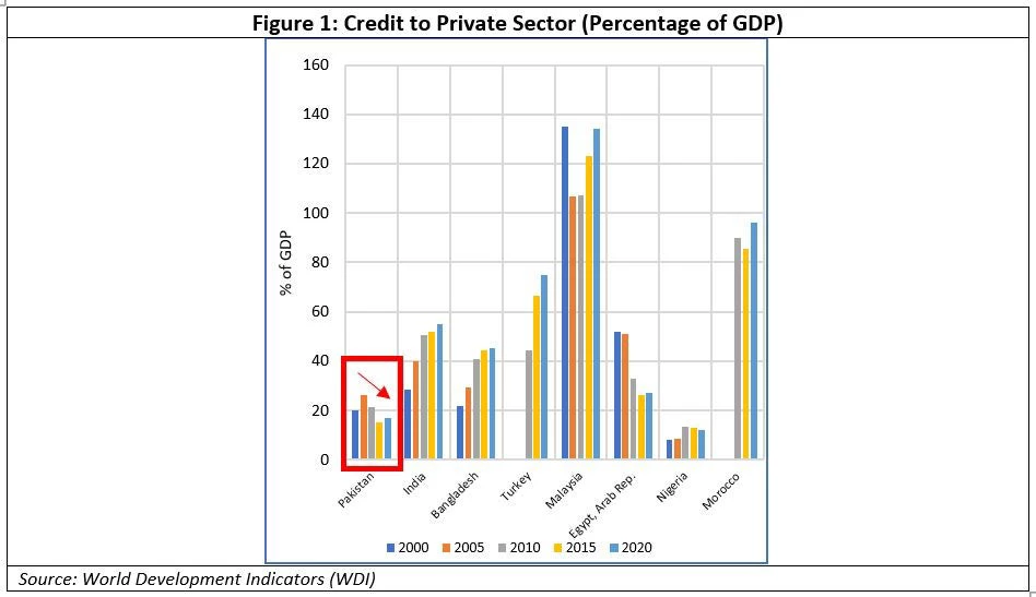 Figure 1: Credit to Private Sector (Percentage of GDP) - Pakistan figures are shown as consistently lower than India, Bangladesh, Turkey, Malaysia, Egypt, Arab Republic, Nigeria & Morocco.