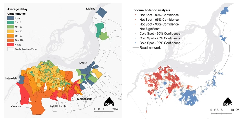 Figure 2: Map of average travel delay aggregated to Traffic Analysis Zones (TAZs) (left panel) and income hot spot analysis on (right panel)