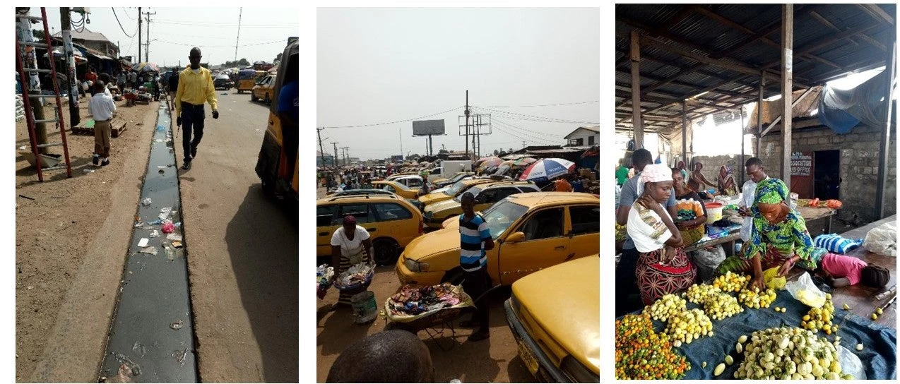 Market, pedestrians, vendors, fuit, vegetables, taxis, drainage ditch