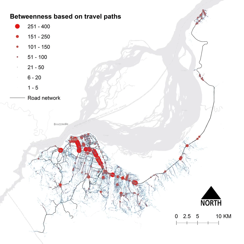 Figure 3: Identifying the most critical links in Kinshasa?s road network to help prioritize upgrades