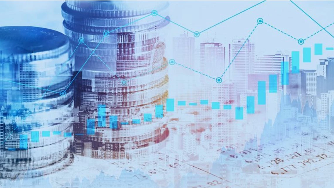 Graphic with stacked coins and graphs 