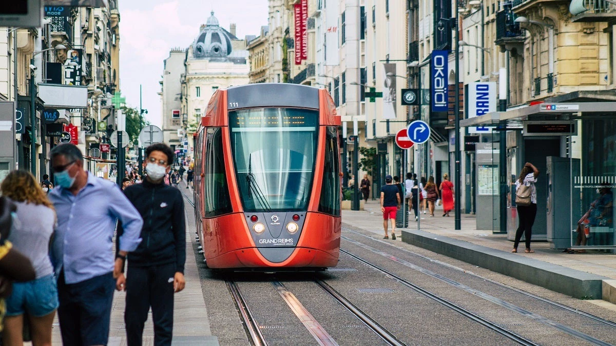 A modern tram running through the center of Reims, France. Photo: Jose Hernandez/Shutterstock