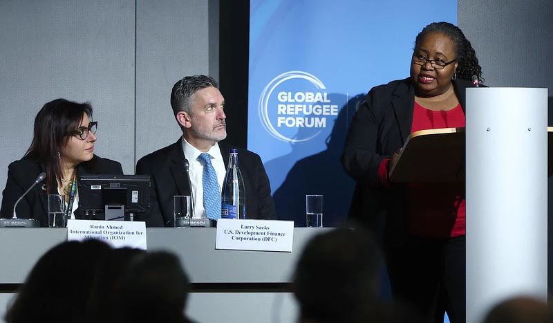 Jumoke Jagun-Dokunmu speaks at the Global Refugee Forum. 