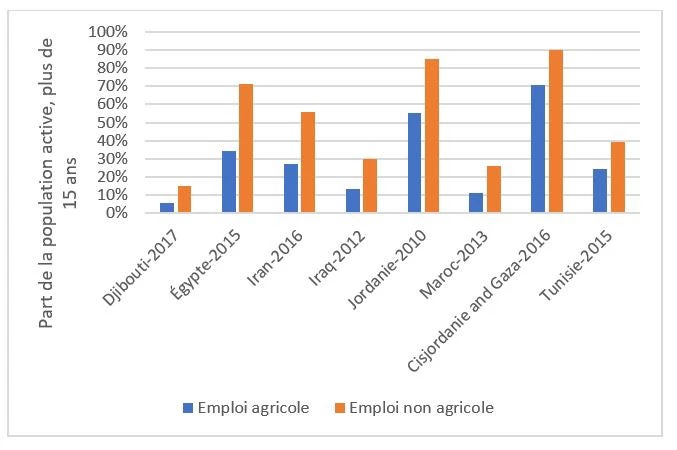 Graphique 4. Part des ruraux de plus de 15 ans n?ayant pas achevé un cycle d?études secondaires ou supérieures dans la population active agricole et non agricole