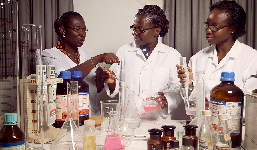 Professor Amivi Kafui Tete-Benissan (left) teaches cell biology and biochemistry at the University of Lomé, in the capital of Togo
