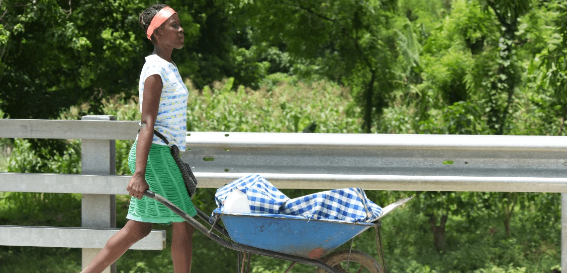 Woman walks with a wheelbarrow with work materials