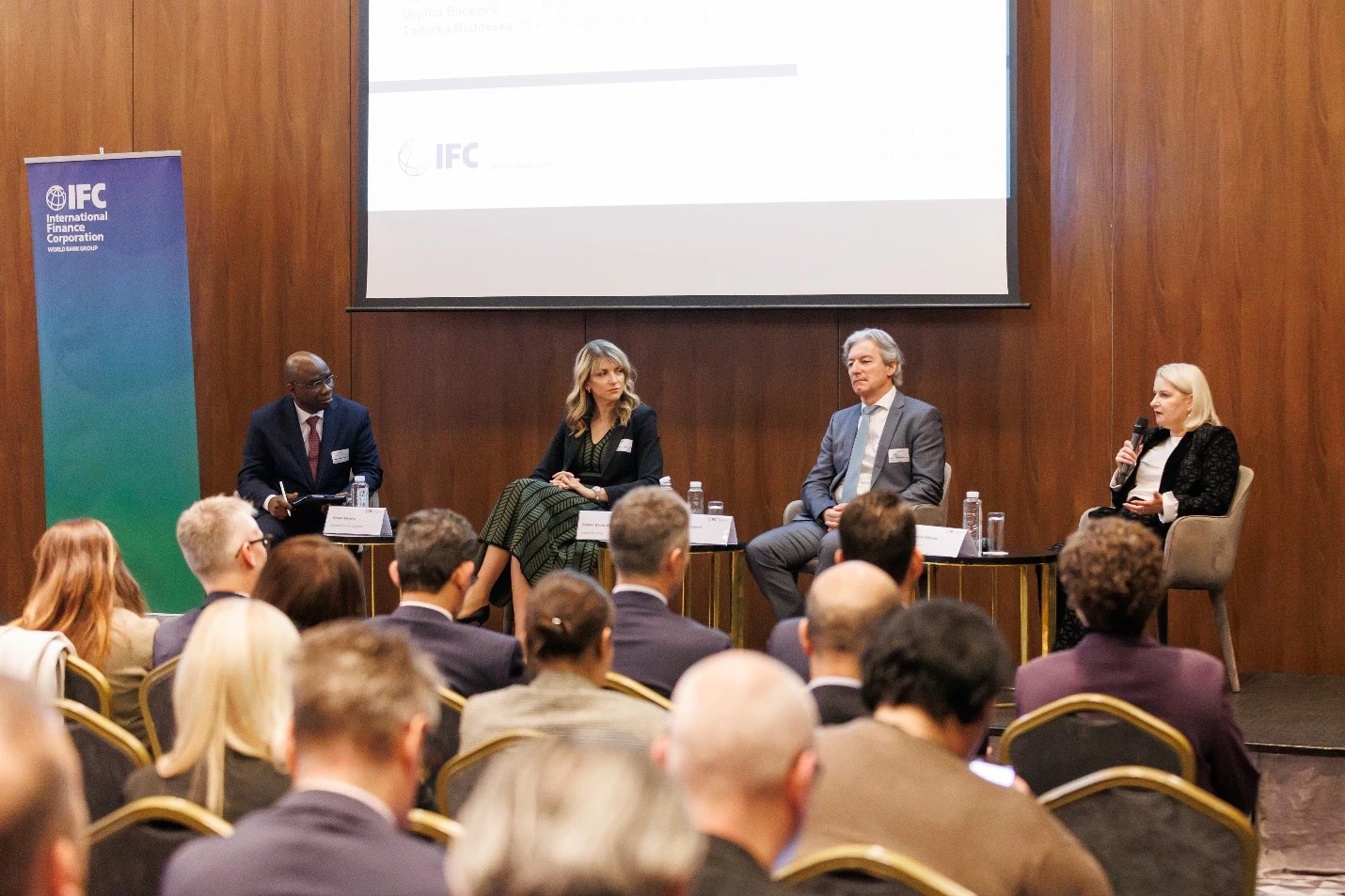 Panelists discuss industrial decarbonization strategies during the session “Green Horizons for Sustainable Industrial Production” at the Western Balkans Green Growth Alliance Launch Event. From left to right: Oluseyi Adeyemo (IFC), Dejana Backović (KappaStar Group), Miroslav Gligorijević (TITAN Serbia), and Todorka Ristovska (Liberty Steel).