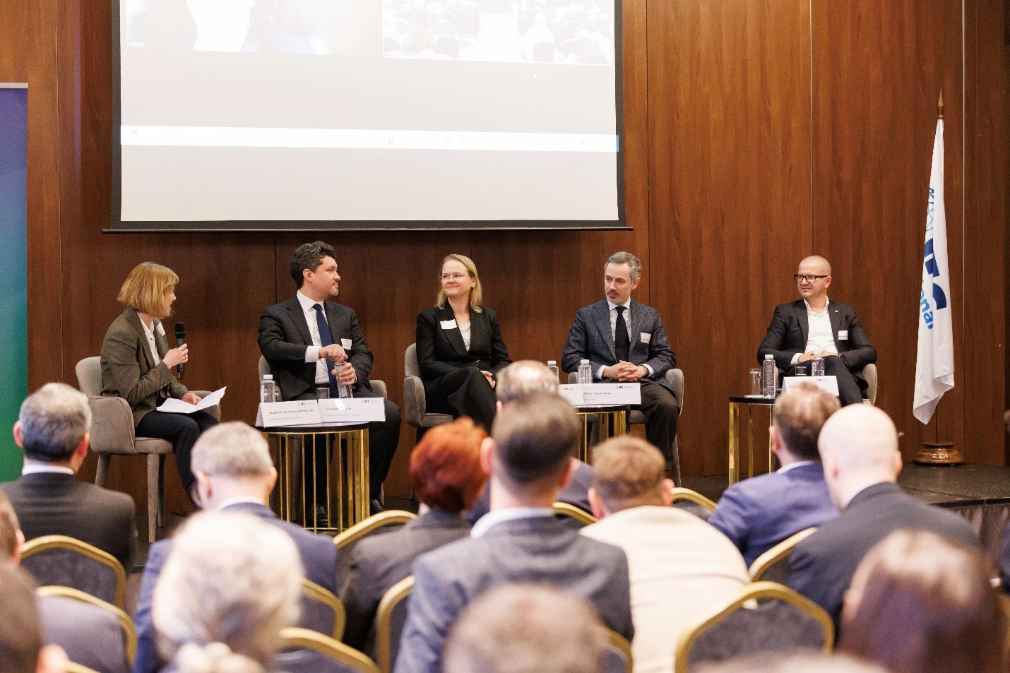 Panelists Edlira Muka (Balfin Group), Clemens Stadler (Development Bank of Austria), Adrian Stanculescu (Abris Capital), Vedrana Jelusic (PBZ Croatia), and Marko Carević (Ananas Group), moderated by Elisabeth Loewenbourg-Brzezinski (IFC), discuss corporate-level investment strategies for the green transition during the Green Growth Alliance Launch Event in Belgrade.