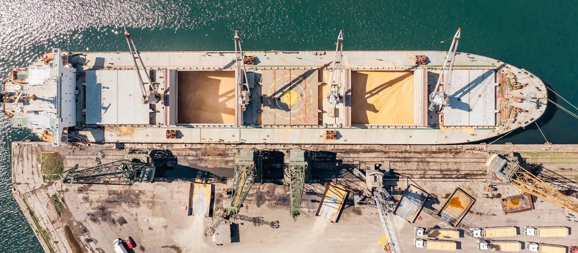 Aerial Top down view Black Sea port Loading of dry cargo ship with Ukranian grain by cranes. 