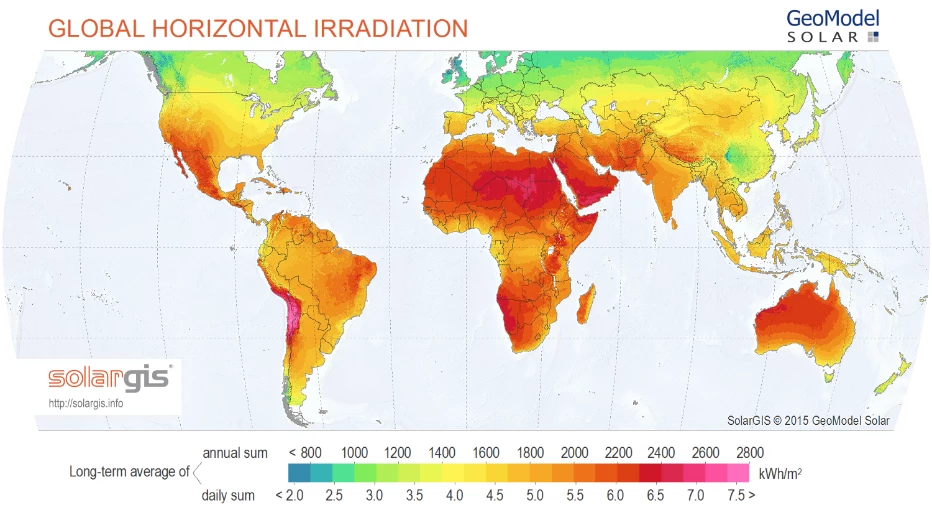 Map of Global Horizontal Irradation-SolarGIS © 2016 GeoModel Solar