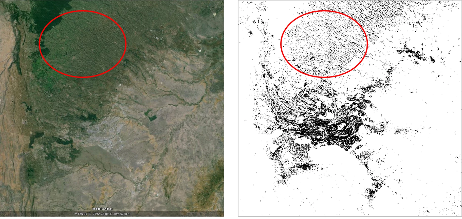 Linear settlements north of Nairobi, Kenya, which are too small or dispersed to be picked up by most maps, are clearly visible in the Global Urban Footprints map (right). Left: Google Earth, © Google 2010, Image Landsat; Right: DLR
