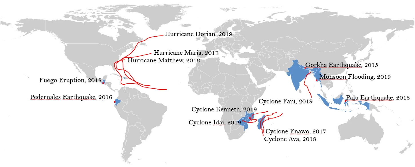 Previous GRADE analyses conducted by the World Bank?s Disaster-Resilience Analytics & Solutions (D-RAS) team. Red lines indicate storm tracks.