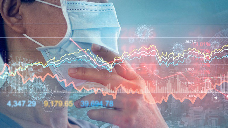 Businessman with mask, Analysis corona virus economic impact, crisis and economic financial conditions in the global due sinks stock exchanges, Stocks fall, Effects of outbreak and pandemic covid-19