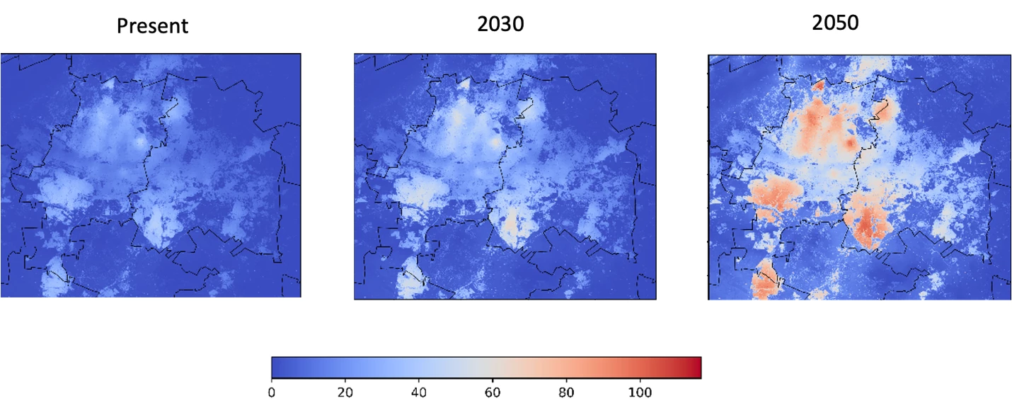 Hot nights per year in Johannesburg and Ekurhuleni (Tmin > 20°C; future periods assume RCP8.5 ?high emissions? scenario). Source: Project Team (modeling by VITO).