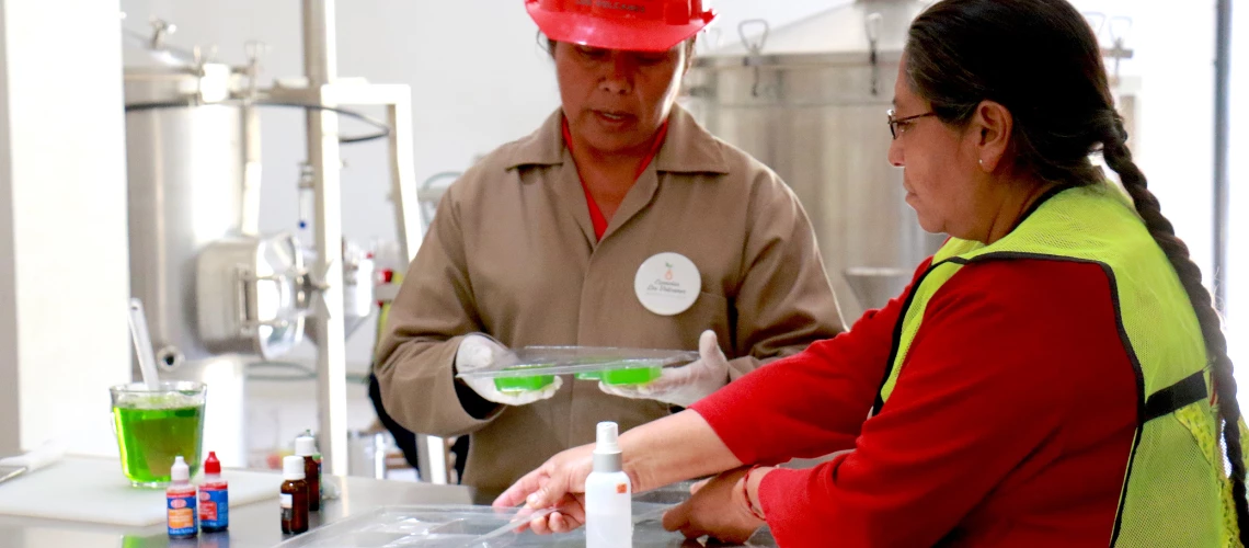 Dos mujeres en un laboratorio de la comunidad San Juan Cuauhtémoc, México.