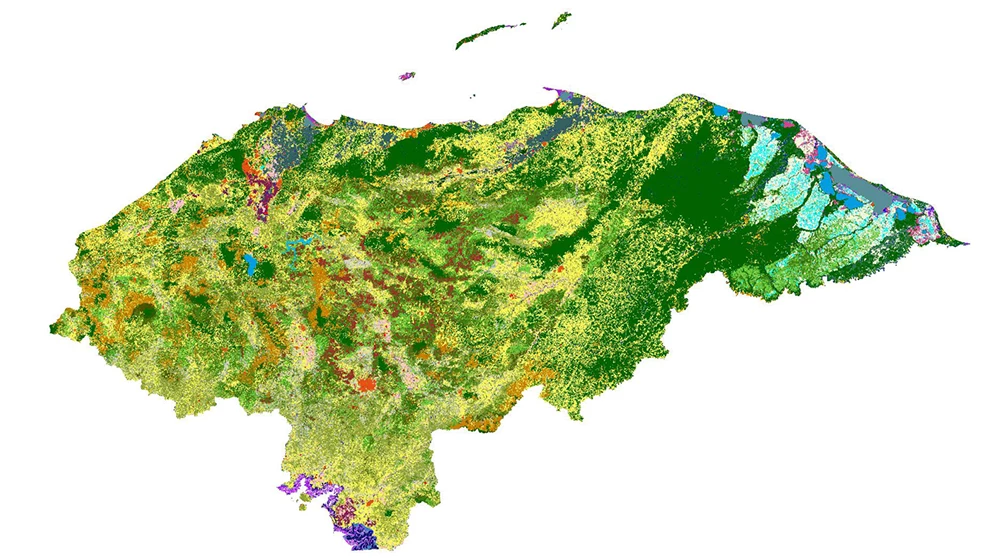 Honduras, 2018. Forested Areas are highlighted in dark green, coffee producing areas in light brown (mixed agro-forestry systems) and dark brown (shade-grown coffee systems). Source: SIGMOF (2023).