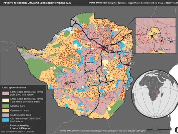 Poverty Density (red dots) and Farmland Type (background color)