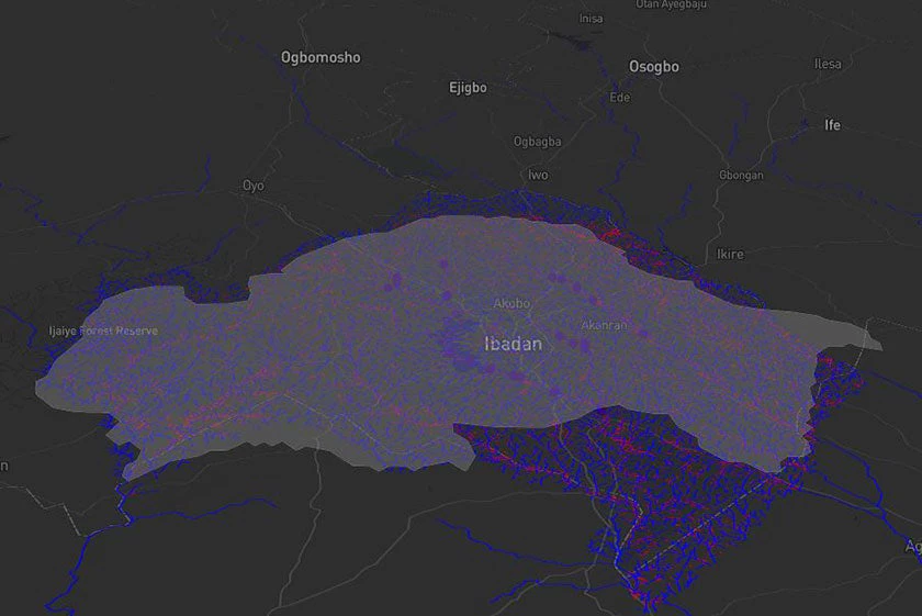 Example of geospatial visualization offered by the Data4Governance platform to prevent flood risk and improve urban management. Ibadan. Nigeria.© Data4Governance. 