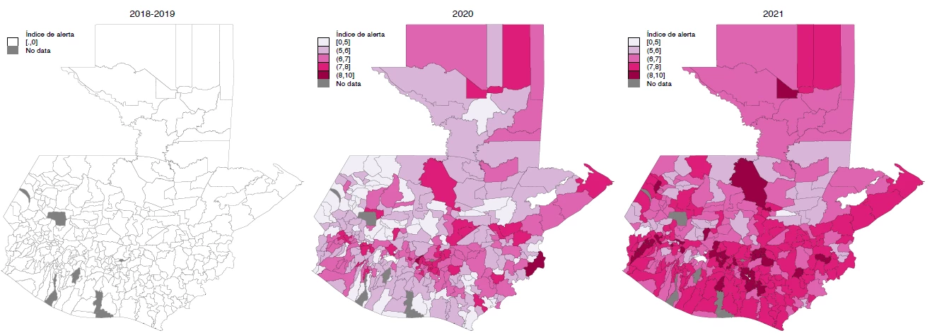 Fuente: Cálculos propios de datos administrativos para Guatemala.  Notas: Los mapas muestran el índice de alerta promedio por municipio en cada año, con intervalos comparables a través del tiempo. No tenemos información del índice de alerta para los municipios en color gris (identificados como “No data”).