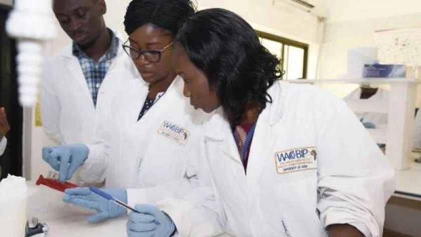 Three young scientists at one of the laboratories at the West African Centre for Cell Biology of Infectious Pathogens (WACCBIP), University of Ghana, Accra. ©