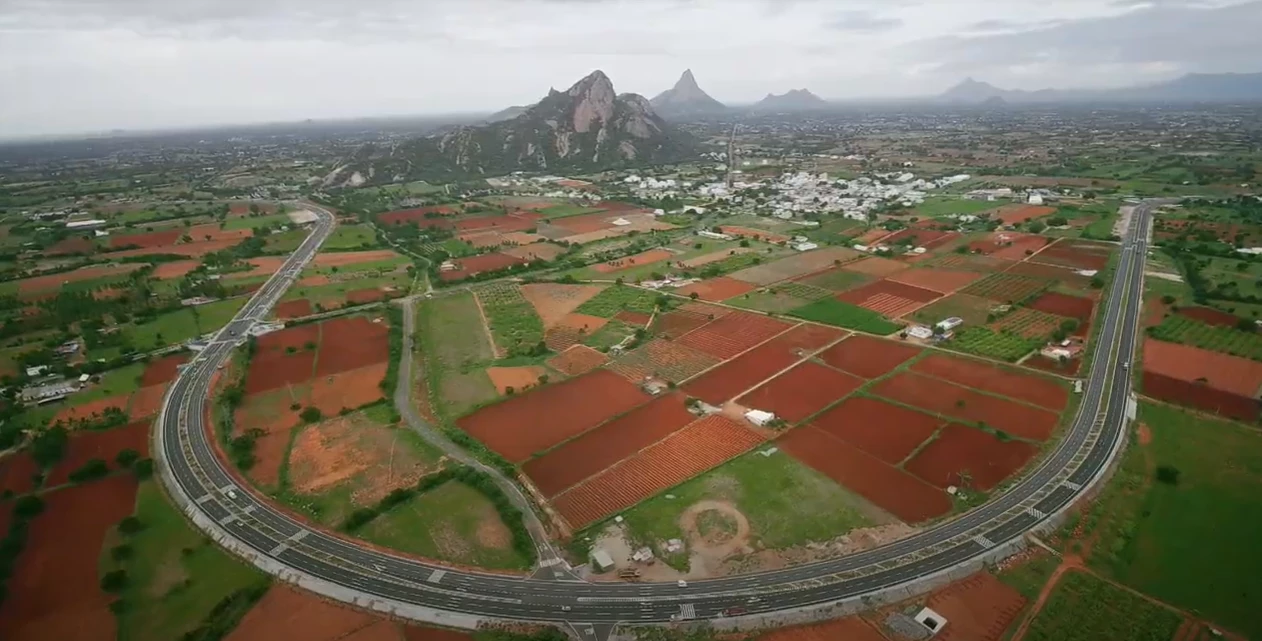 Aerial view of the roads in Tamil Nadu, India 