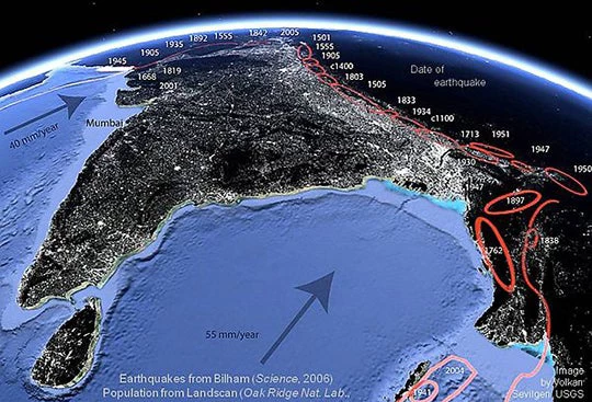  Earthquakes from Roger Bilham (Science, 2006); Population from Landscan (Oak Ridge Nat. Lab., 2004)