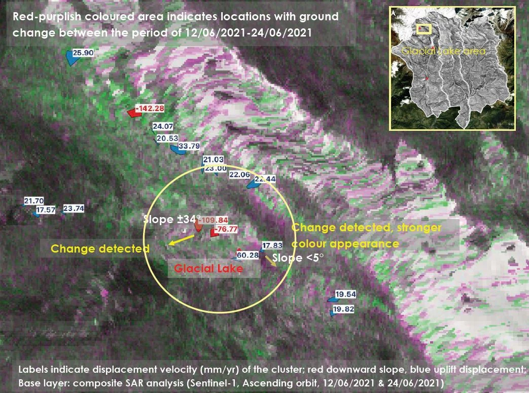 Rapid deposition and erosion detected with InSAR analysis at the dried Pemdan glacier lake, a major source of massive soil erosion, during Melamchi Flood in Nepal on June 15, 2021.  Photo: Synspective, World Bank