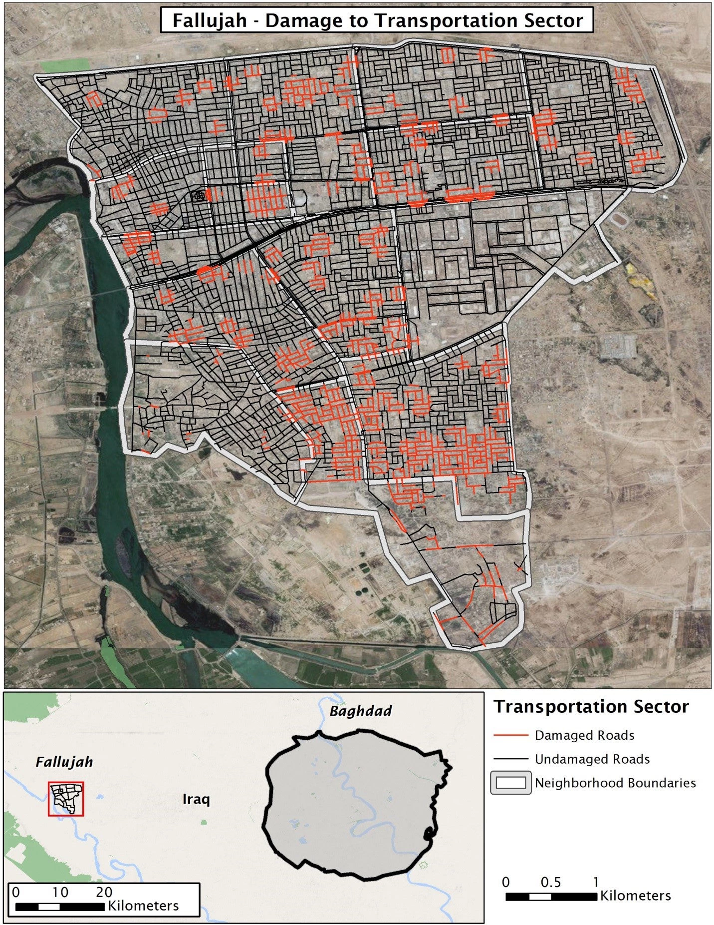 Aerial view of damage to transportation sector in Fallujah, Iraq