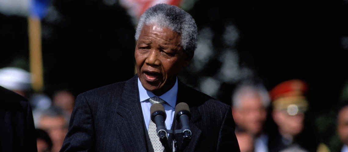 Washington, DC. USA, 4th October, 1994 President Nelson Mandela of South Africa delivers his speech during arrival ceremonies on the South Lawn at the White House.