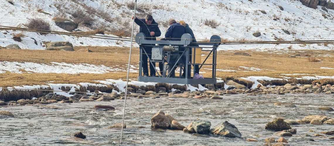 Measuring water depth and velocity at a river