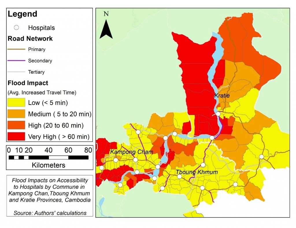 Map showing the impact of flooding on access to hospitals in rural Cambodia.