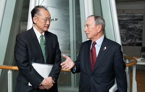 World Bank President Jim Yong Kim and New York Mayor Michael Bloomberg speak outside the Transforming Transportation 2013 conference. 