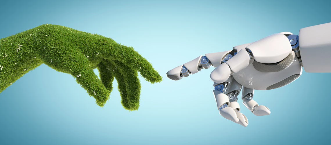 Robot hand and natural hand covered with grass reaching to each other, tech and nature union, cooperation
