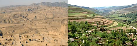 China's Loess Plateau, before and after restoration through a landscape approach. Photos: Till Niermann, Wikimedia Commons (CC BY-SA 3.0), Erick Fernandes/World Bank.