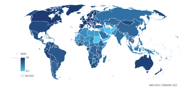 World map shwoing Figure 1. WOMEN, BUSINESS AND THE LAW 2023 INDEX