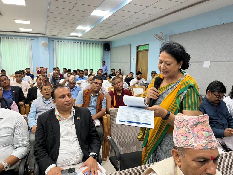 Gyanu Poudel, a representative from civil society organizations speaks at the Lumbini Provincial Dissemination of Nepal Fiscal Federalism Update