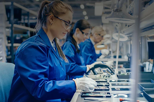 Female Electronics Factory Workers in Blue Work Coat and Protective Glasses Assembling Printed Circuit Boards for Smartphones with Tweezers. High Tech Factory with more Employees in the Background. 