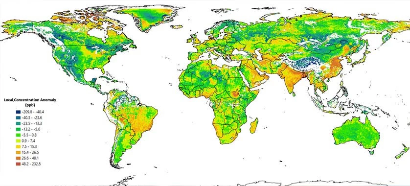 Map 1. Post-filtering of CH4 concentration anomalies in 2020 