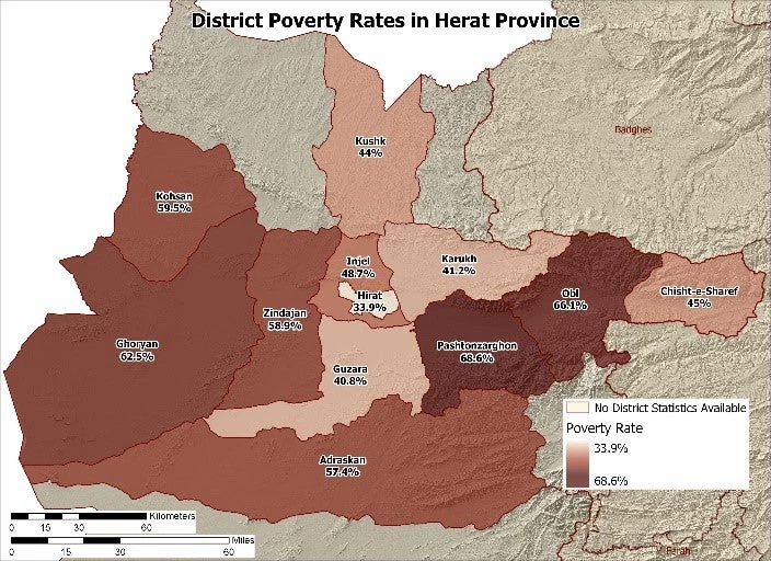 میزان نفوس فقیر در سطح ولسوالی های هرات