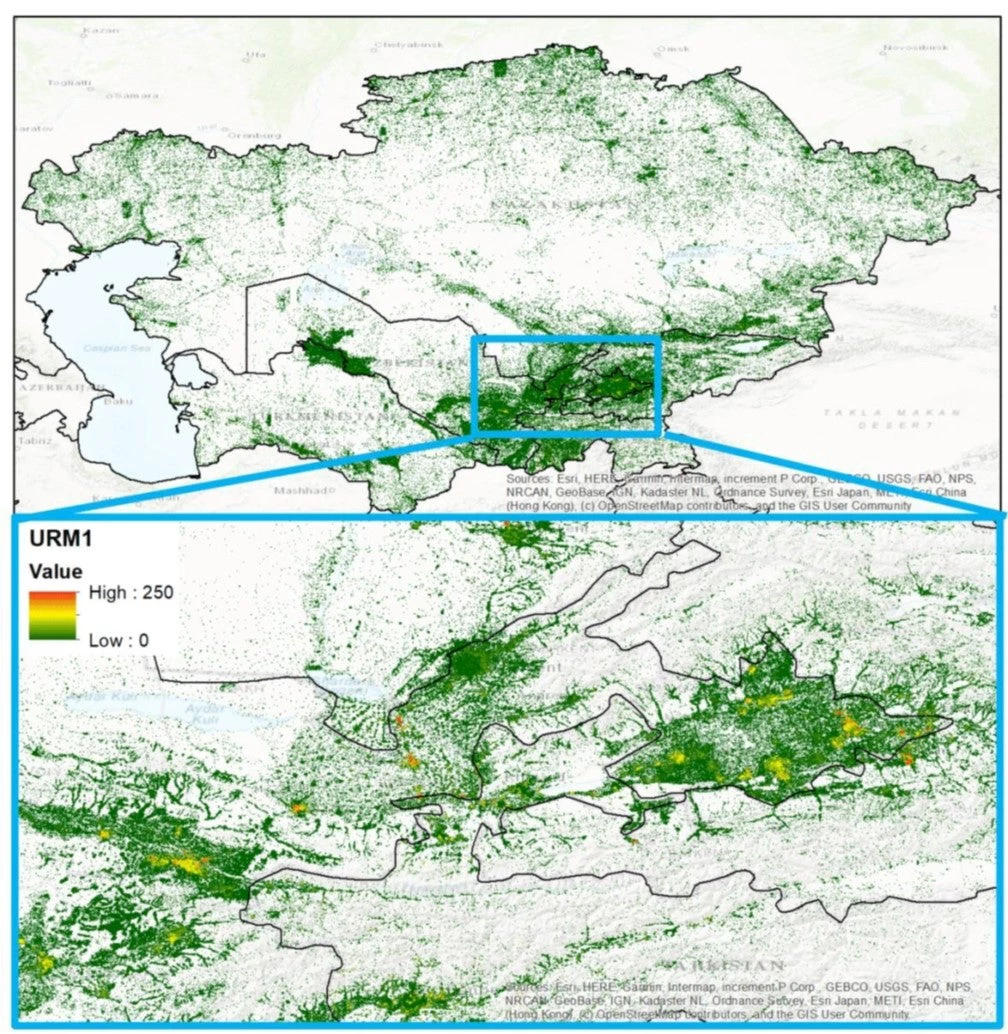 Exposure map for residential buildings in the entire region (on top) and selected area (bottom), produced in frames of SFRARR.