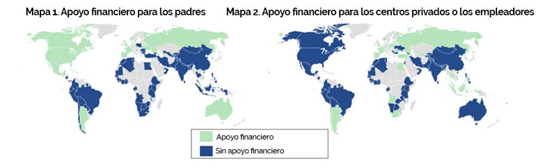 Dos mapas del mundo con países marcados en verde y azul dependiendo de su apoyo financiero para los padres y su apoyo financiero para los centros privados o los empleadores. 
