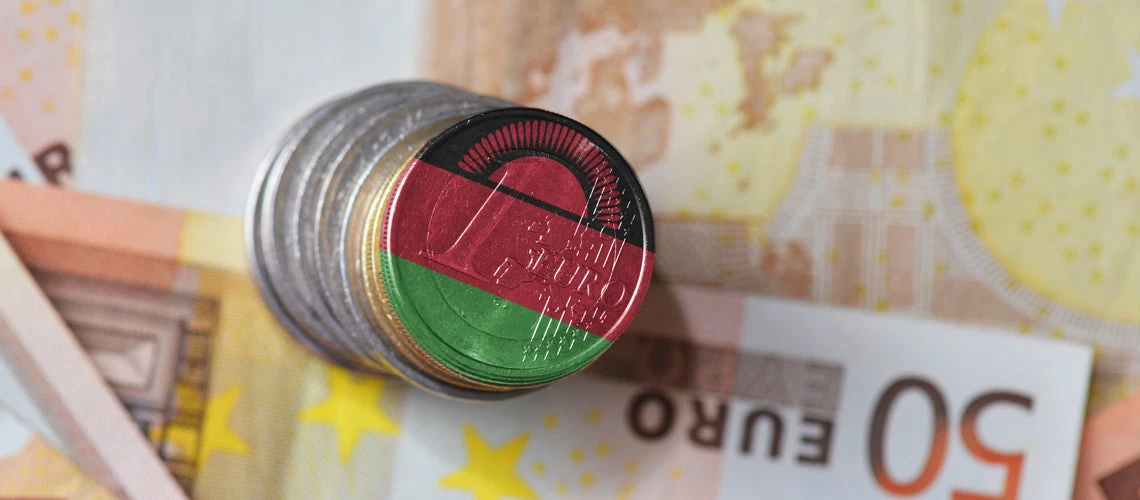 Euro coin with national flag of Malawi on the Euro money banknotes background